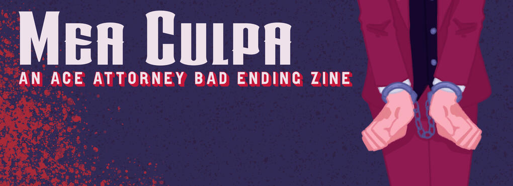 A digitally illustrated title card with title and subtitle in the top left, partially covering a blood splatter in the bottom left. On the right is a knee-to-torso image of Miles Edgeworth handcuffed.