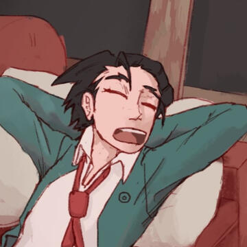 A digital illustration of Phoenix Wright taking a nap on a couch. He is in a greenish unbuttoned suit with a loosened red tie. His hands are behind his head and his mouth is open as he snores.