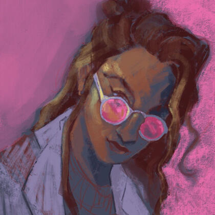 A digitally painted bust of Ema Skye. Her head is tilted to her left and she looks forward over her pink sunglasses.