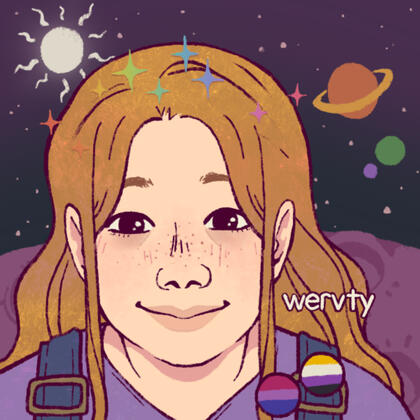 A digital bust of someone with long light brown hair, dark eyes, light skin, and freckles. They wear nb and bi flag pins.